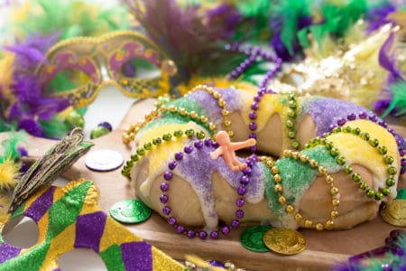 Traditional Mardi Gras decor and king cake