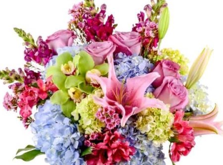 Exquisite Beauty with cymbidium orchirds, lilies, hydrangea, roses, snapdragons and more!