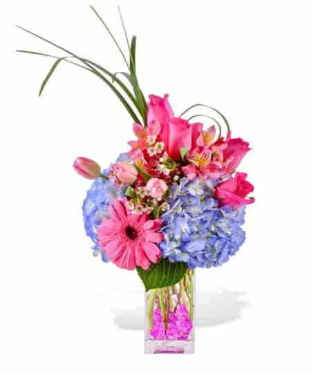 Fling into Spring with this cute and modern fresh arrangement. of pink roses pink daisies and purple hydrangea