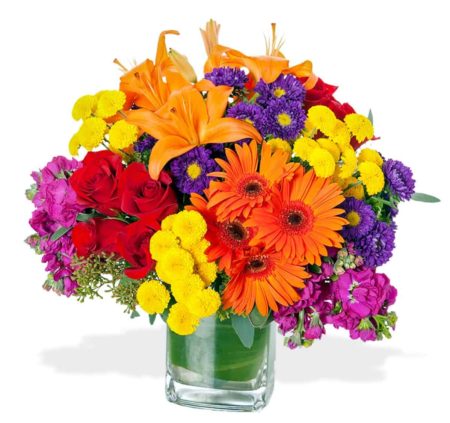 A contemporary style arrangement featuring a rectangular clear glass vase with blooms in bold shades of orange, red and purple arranged tight to the lip of the vase.