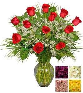 One dozen of the finest Ecuadorian roses carefully hand selected and arranged in all their natural beauty in a glass vase with baby's breath